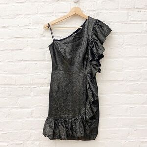 Sandro‎ || Effie Metallic Silver One Shoulder Ruffle Cocktail Mini Dress 1